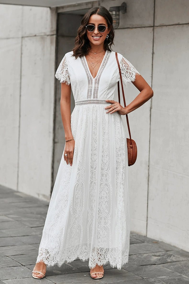 V Neck Fashion White Fairy Lace Dress Short Sleeve - Kaiju Mafia