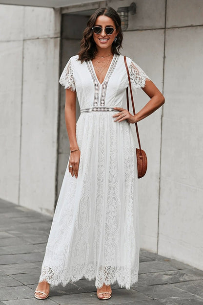 V Neck Fashion White Fairy Lace Dress Short Sleeve - Kaiju Mafia