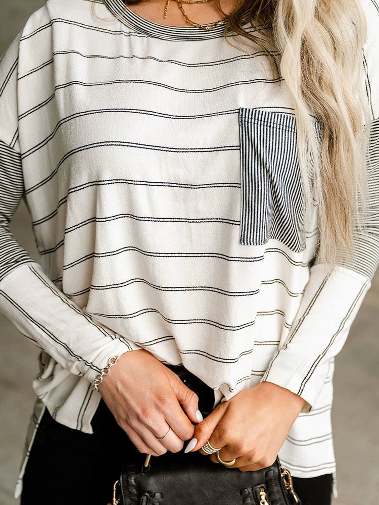 2024 Autumn Thin Striped Printed Long Sleeves T-shirt Female European and American All - Matching Hem Side Slit round Neck Pullover Top - Kaiju Mafia