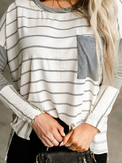 2024 Autumn Thin Striped Printed Long Sleeves T-shirt Female European and American All - Matching Hem Side Slit round Neck Pullover Top - Kaiju Mafia