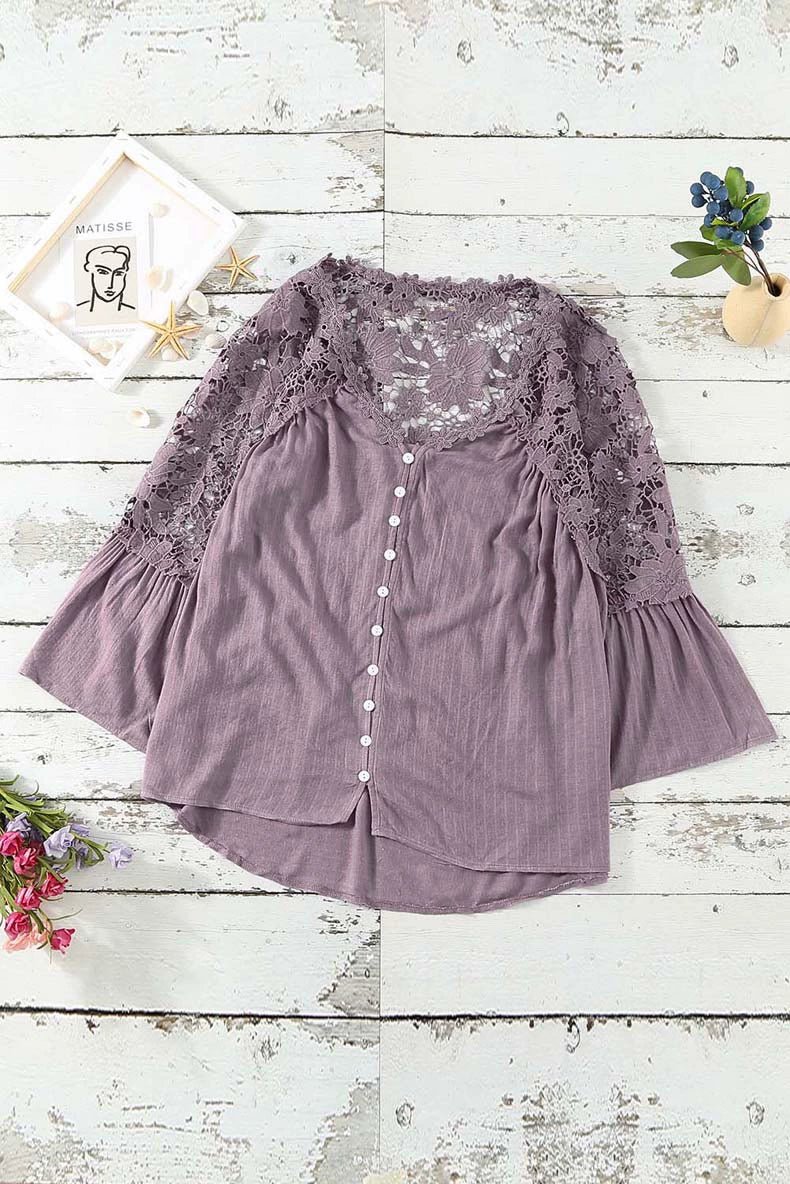 Fashion V Neck Chiffon Shirt Loose Long Sleeves Pullover Lace - Kaiju Mafia