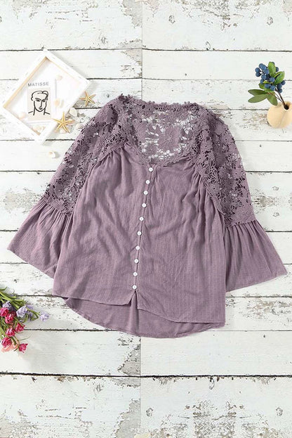 Fashion V Neck Chiffon Shirt Loose Long Sleeves Pullover Lace - Kaiju Mafia