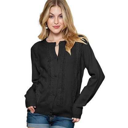 Fall 2024 New round Neck Long Sleeves Cardigan Sweater Women Fashion All - Match Lace Trim Knitted Cardigan Top Women - Kaiju Mafia