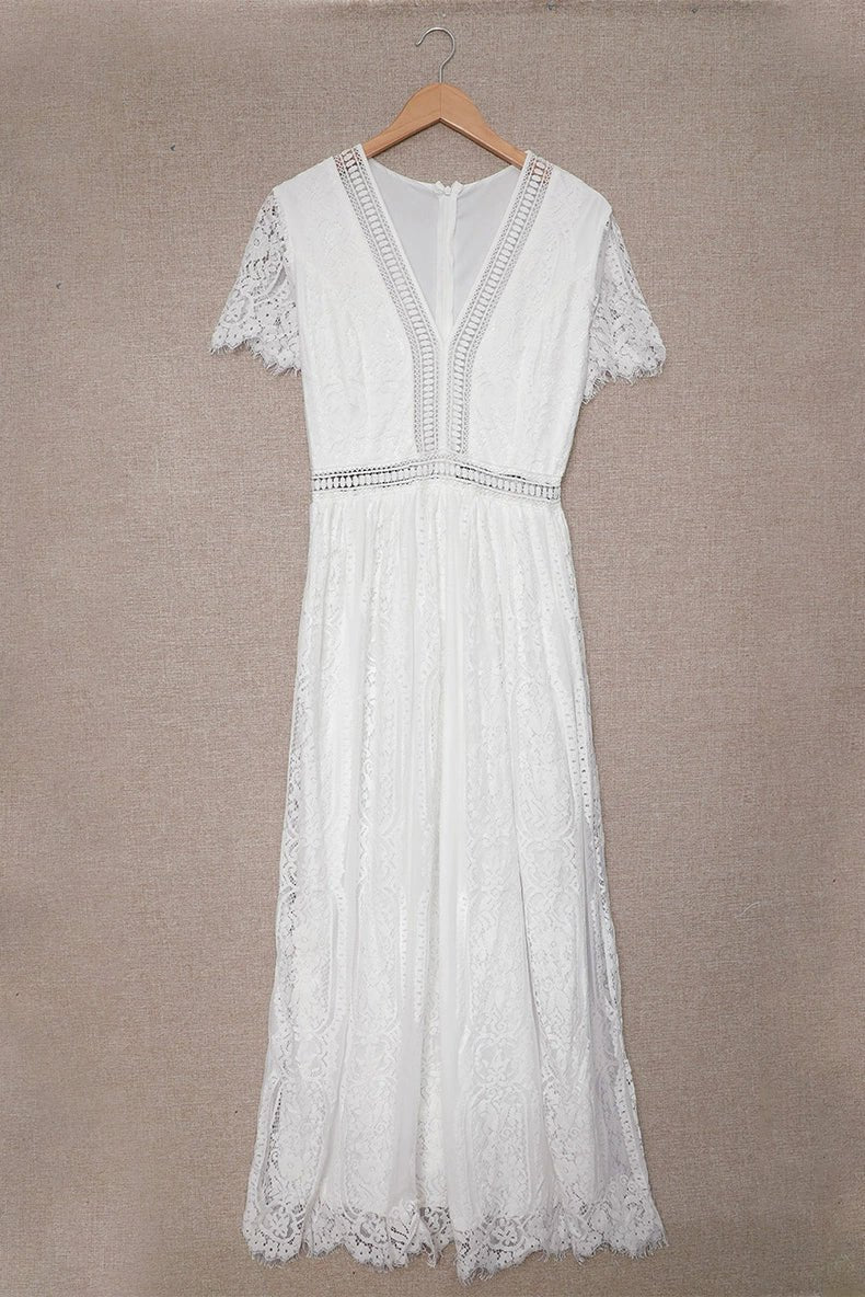 V Neck Fashion White Fairy Lace Dress Short Sleeve - Kaiju Mafia