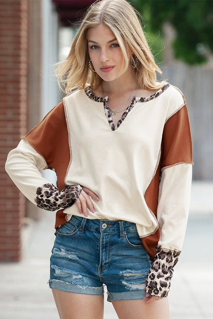 Fashion Leopard Print Stitching Long Sleeve T-shirt Women 2024 Spring &amp; Fall New V - neck Pullover Women Casual Pullover Tops - Kaiju Mafia