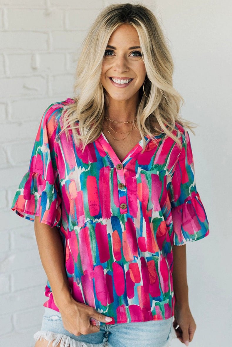 Fashion Abstract Stroke Print Short - Sleeved Chiffon Shirt Tops Women&