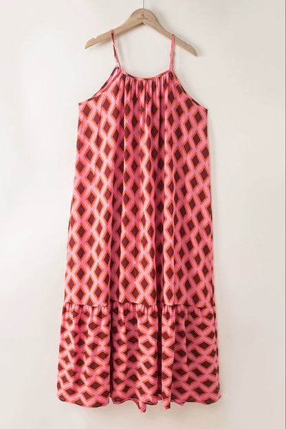 Fashion Geometric Print Sling Long Dress 2024 Summer New Arrival Loose Waist round Neck Sleeveless Thin Dress - Kaiju Mafia