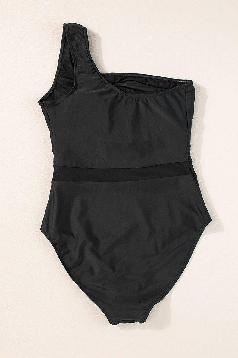 2024 Summer One - Shoulder Diagonal Collar One - Piece Swimsuit Female Fashion New Arrival Slim Cover Belly Mesh Patchwork Quick - Drying Swimwear - Kaiju Mafia