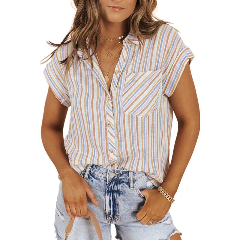 Fashion Stand Collar Stripes Short Sleeve Shirt for Women 2024 Summer New Arrival Stylish Easiest for Match Three - Quarter Sleeve Single - Breasted Shirt for Women - Kaiju Mafia