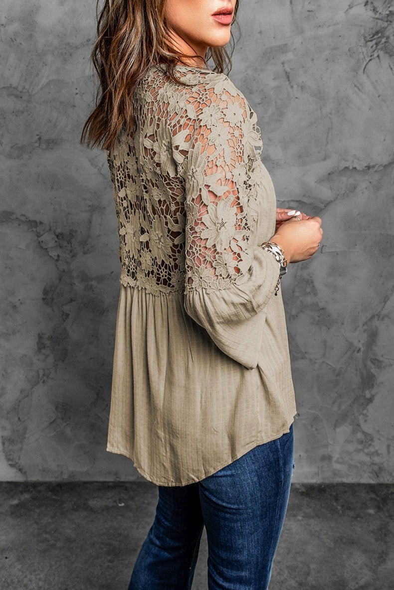 Fashion V Neck Chiffon Shirt Loose Long Sleeves Pullover Lace - Kaiju Mafia