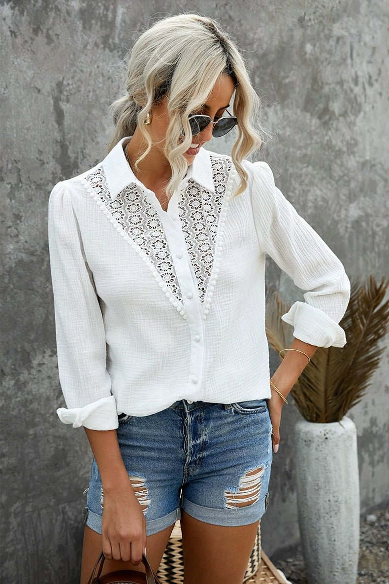Fall Lace Cut Out Long Sleeves Thin Shirt Female 2024 New Arrival Easiest for Match Loose Lapel Single Breasted Shirt Coat - Kaiju Mafia