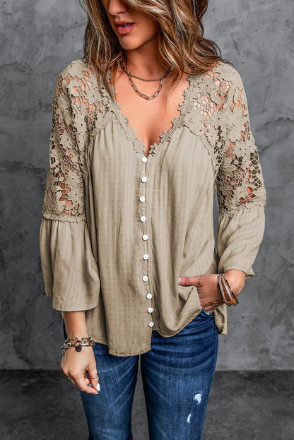 Fashion V Neck Chiffon Shirt Loose Long Sleeves Pullover Lace - Kaiju Mafia