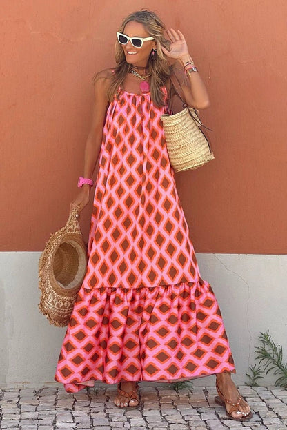 Fashion Geometric Print Sling Long Dress 2024 Summer New Arrival Loose Waist round Neck Sleeveless Thin Dress - Kaiju Mafia