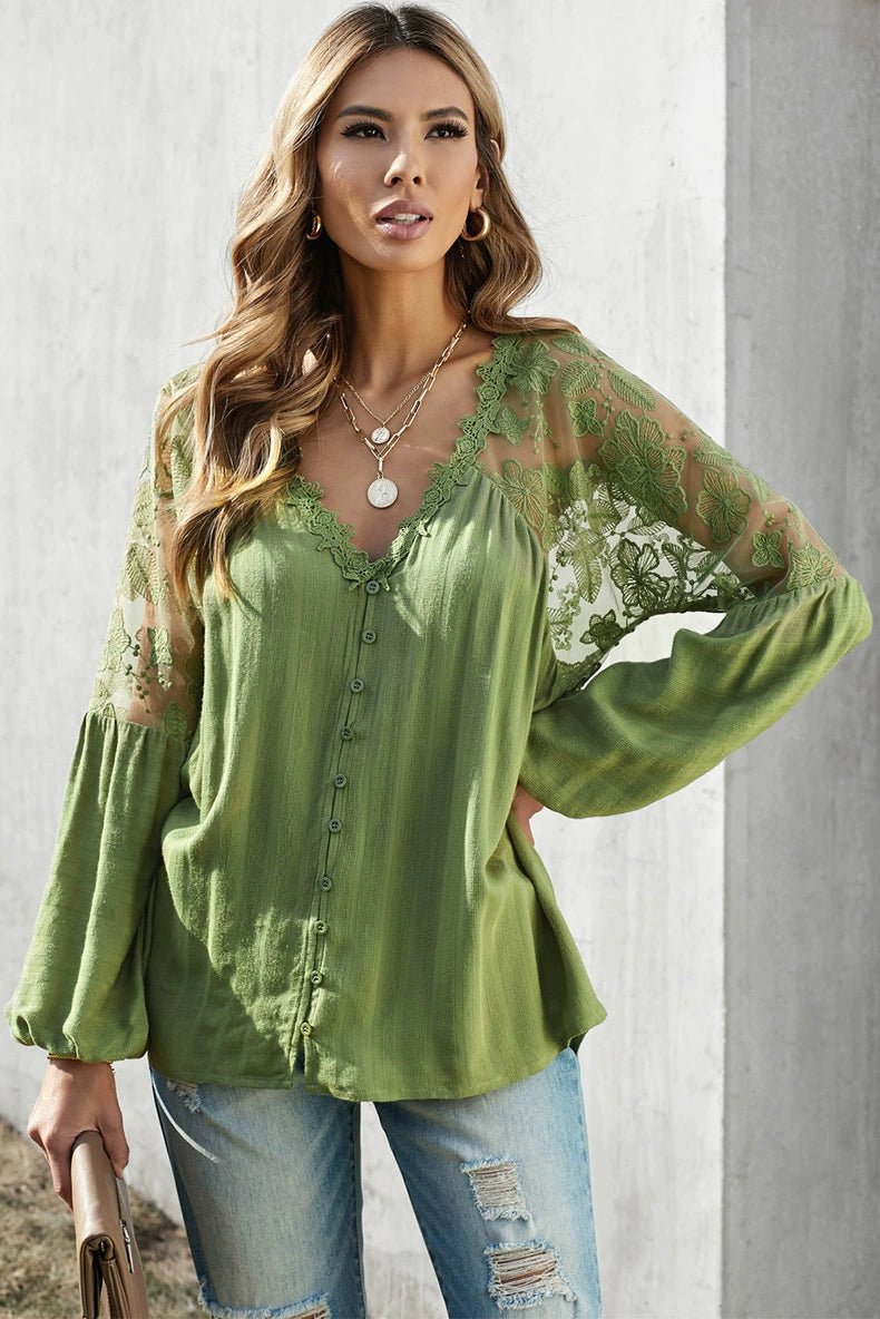 Fashion V Neck Chiffon Shirt Loose Long Sleeves Pullover Lace - Kaiju Mafia