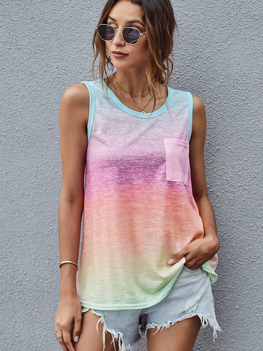 Summer New round Neck Loose Gradient Color Sleeveless T-shirt - Kaiju Mafia