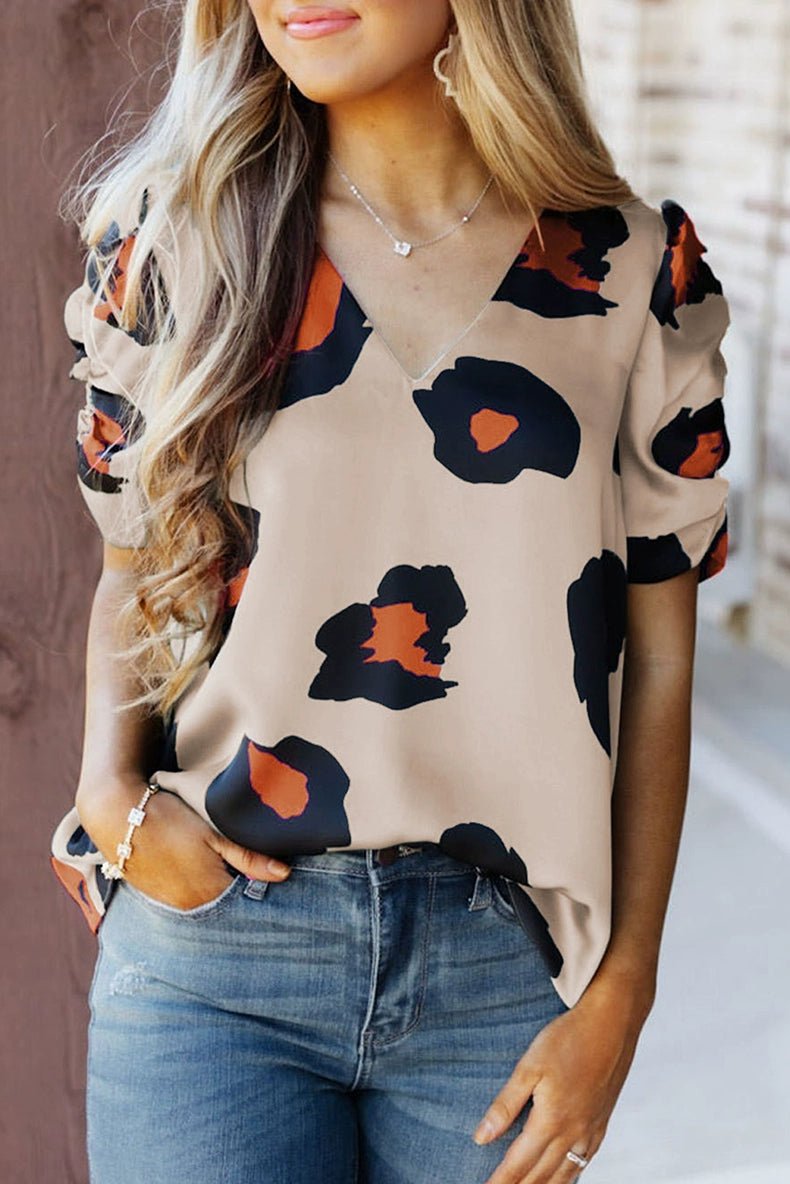 Leopard Print Fashion V Neck Pullover Print Short Sleeve T-shirt - Kaiju Mafia
