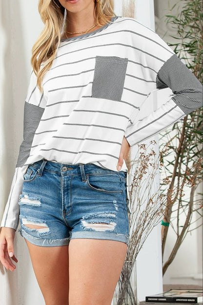 2024 Autumn Thin Striped Printed Long Sleeves T-shirt Female European and American All - Matching Hem Side Slit round Neck Pullover Top - Kaiju Mafia
