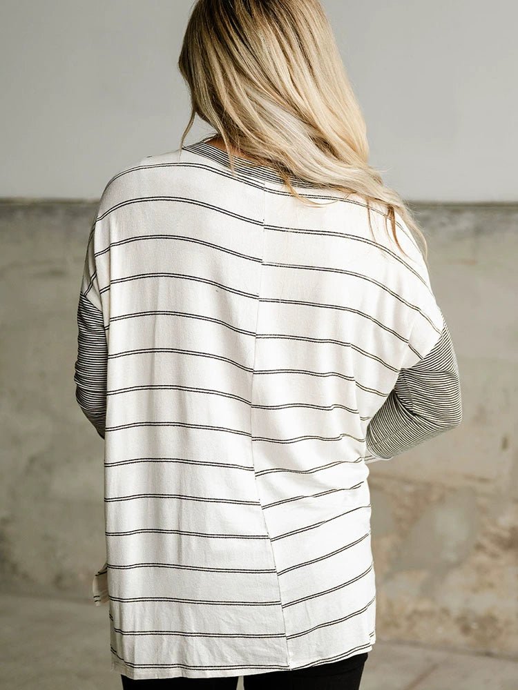 2024 Autumn Thin Striped Printed Long Sleeves T-shirt Female European and American All - Matching Hem Side Slit round Neck Pullover Top - Kaiju Mafia
