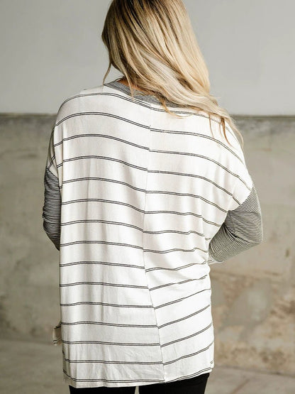 2024 Autumn Thin Striped Printed Long Sleeves T-shirt Female European and American All - Matching Hem Side Slit round Neck Pullover Top - Kaiju Mafia