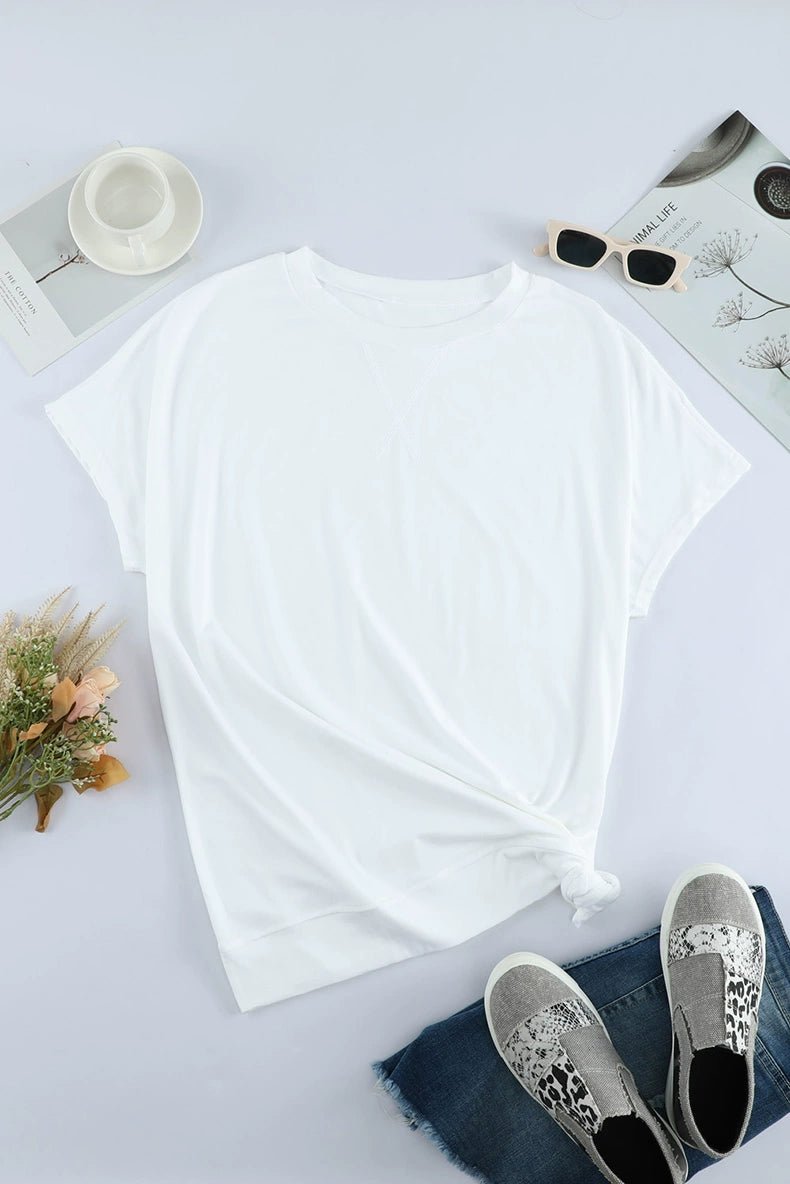 2024 Summer New Arrival Shoulder Solid Color round Neck Short Sleeves T-shirt Female European and American Leisure Minimalist Easiest for Match Three Quarter Sleeve Tops - Kaiju Mafia
