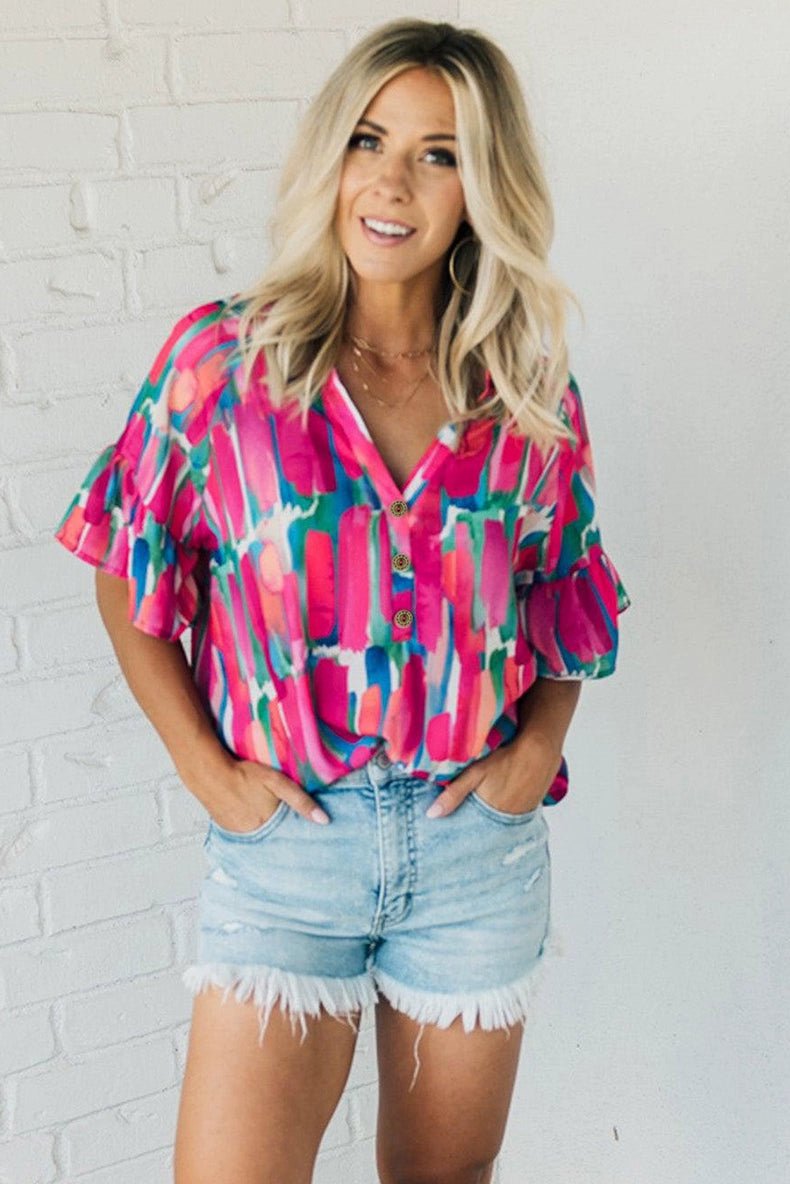 Fashion Abstract Stroke Print Short - Sleeved Chiffon Shirt Tops Women&