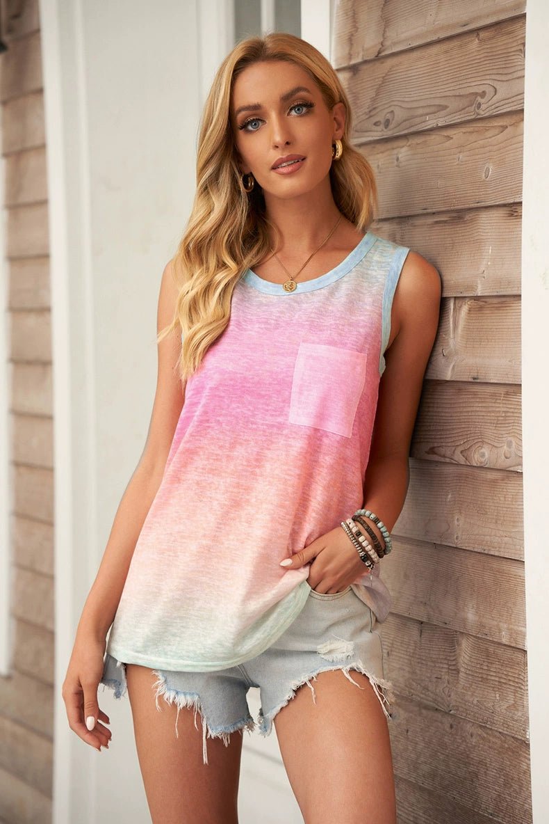 Summer New round Neck Loose Gradient Color Sleeveless T-shirt - Kaiju Mafia