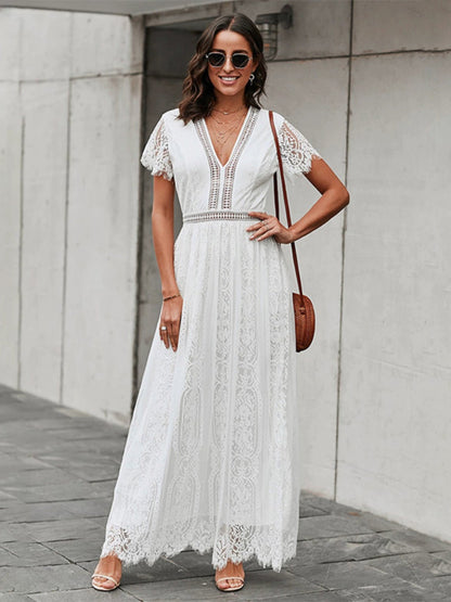 V Neck Fashion White Fairy Lace Dress Short Sleeve - Kaiju Mafia