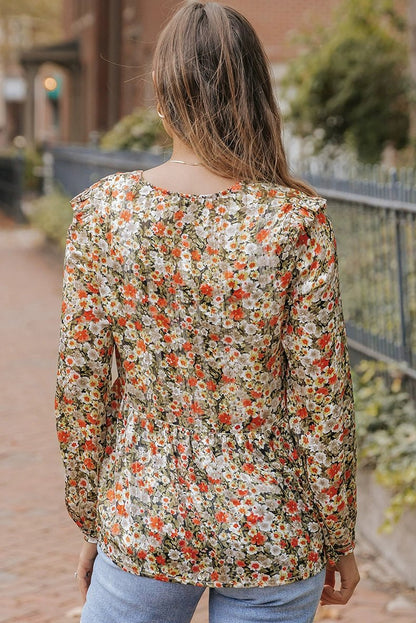 Fashion V Neck Florals Print Long Sleeve Pullover Shirt Women 2024 Fall New Arrival Silm Slimming Thin Tops Women - Kaiju Mafia