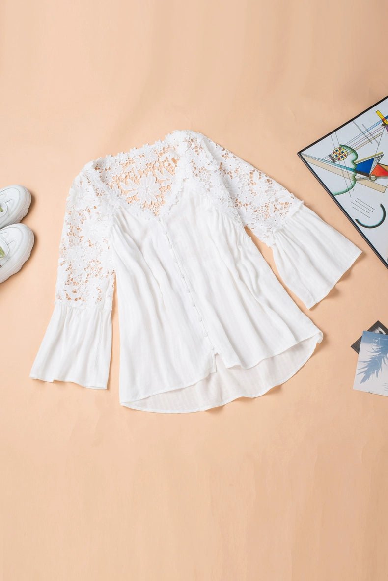 Fashion V Neck Chiffon Shirt Loose Long Sleeves Pullover Lace - Kaiju Mafia