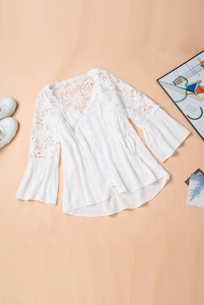 Fashion V Neck Chiffon Shirt Loose Long Sleeves Pullover Lace - Kaiju Mafia
