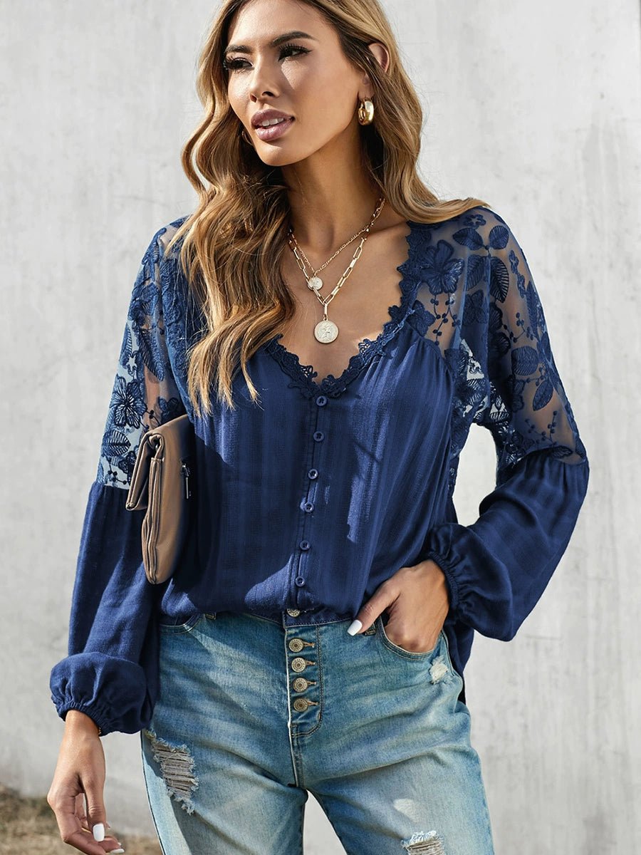 Fashion V Neck Chiffon Shirt Loose Long Sleeves Pullover Lace - Kaiju Mafia