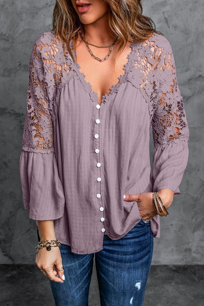 Fashion V Neck Chiffon Shirt Loose Long Sleeves Pullover Lace - Kaiju Mafia