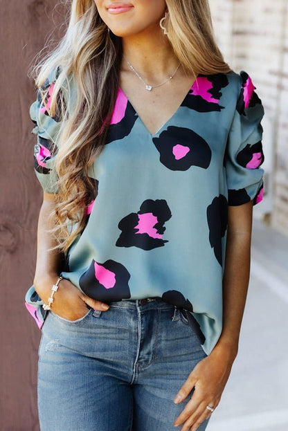 Leopard Print Fashion V Neck Pullover Print Short Sleeve T-shirt - Kaiju Mafia