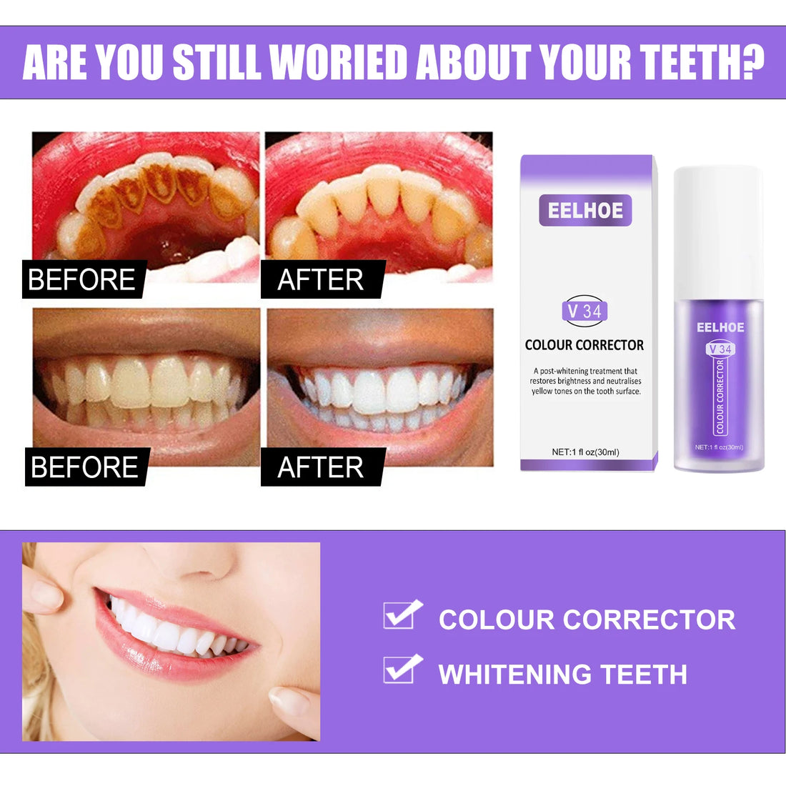 30ml V34 Purple Toothpaste Removes Tartar Clean Oral Hygiene Fresh Breath Whitening Teeth Care Products Tooth Color Correctors