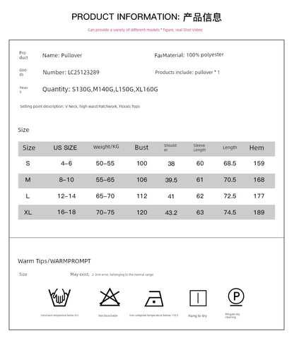 Fashion V Neck Florals Print Long Sleeve Pullover Shirt Women 2024 Fall New Arrival Silm Slimming Thin Tops Women - Kaiju Mafia