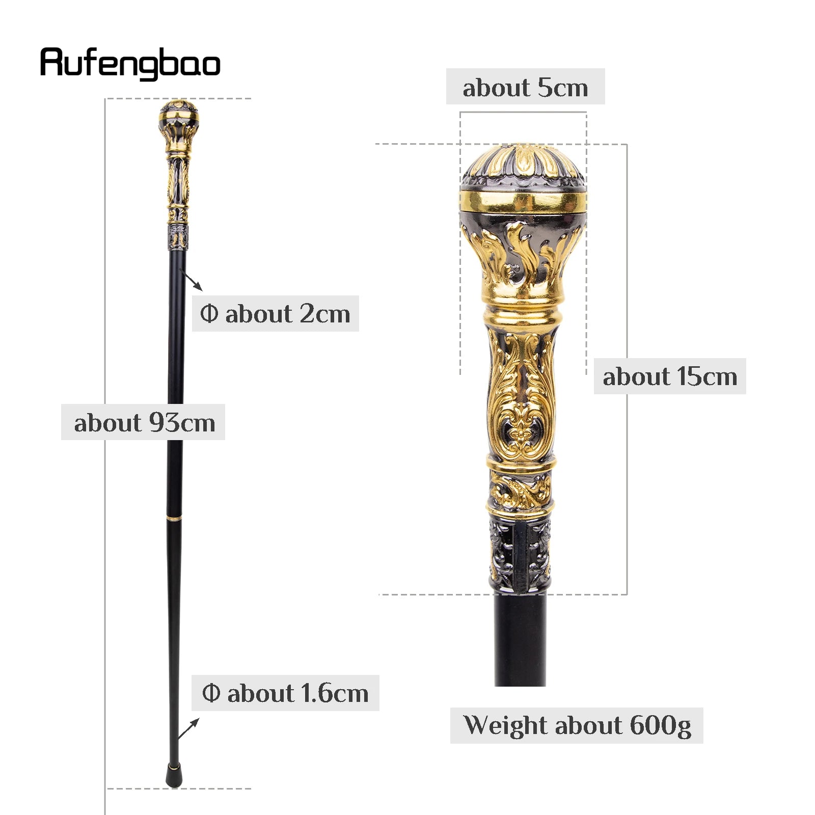 Golden Black Luxury Round Handle Walking Stick with Hidden Plate Self Defense Fashion Cane Plate Cosplay Crosier Stick 93cm - Kaiju Mafia
