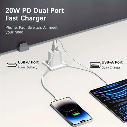 For iPhone Charger, 20W Dual port PD power adapter block with 6FT  cable For iPhone 14/13/12/11/Pro/Pro Max/Mini/XS Max/XR/x