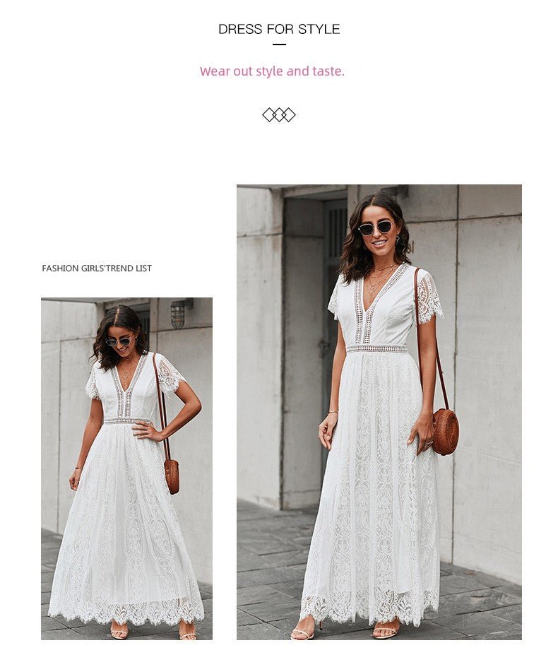 V Neck Fashion White Fairy Lace Dress Short Sleeve - Kaiju Mafia