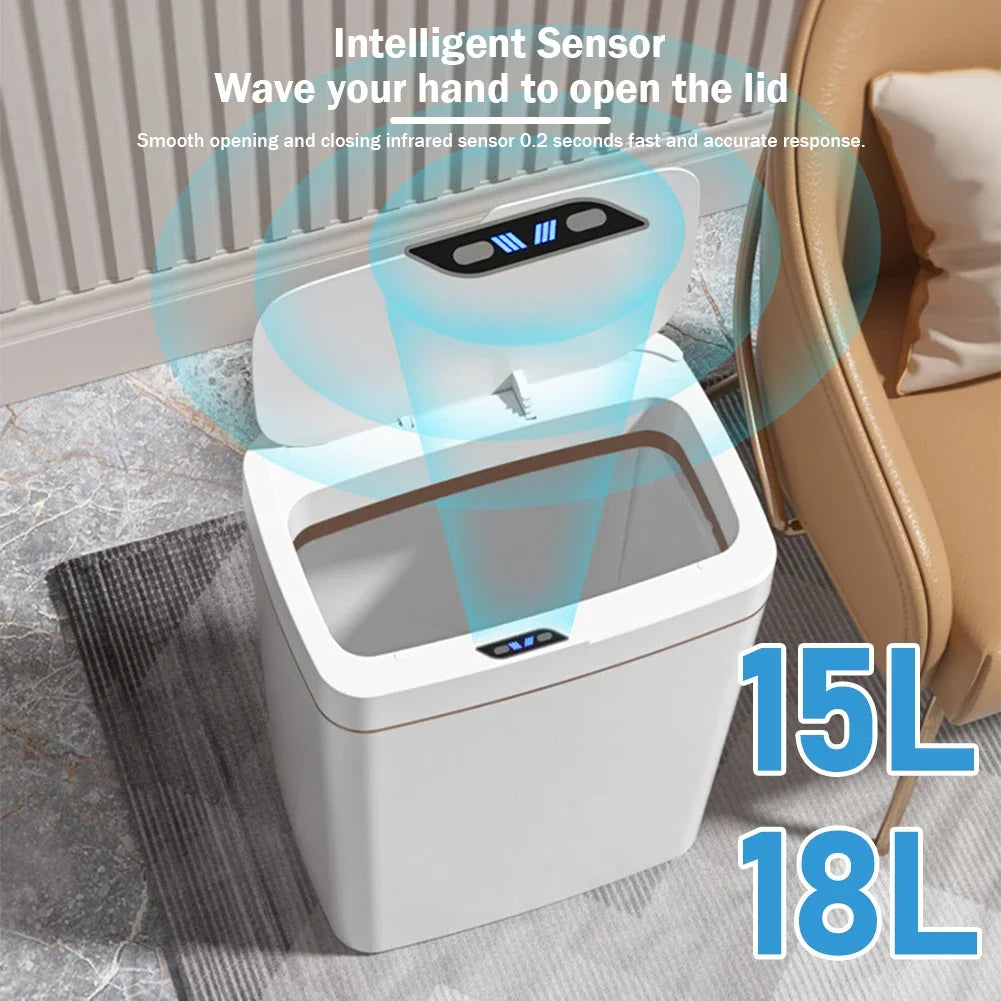 15/18L Smart Sensor Trash Can Waterproof Intelligent Touchless Trash Can Quiet Auto Motion Sensor Rubbish for Kitchen Bathroom