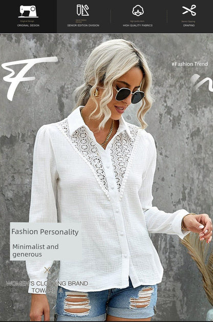 Fall Lace Cut Out Long Sleeves Thin Shirt Female 2024 New Arrival Easiest for Match Loose Lapel Single Breasted Shirt Coat - Kaiju Mafia