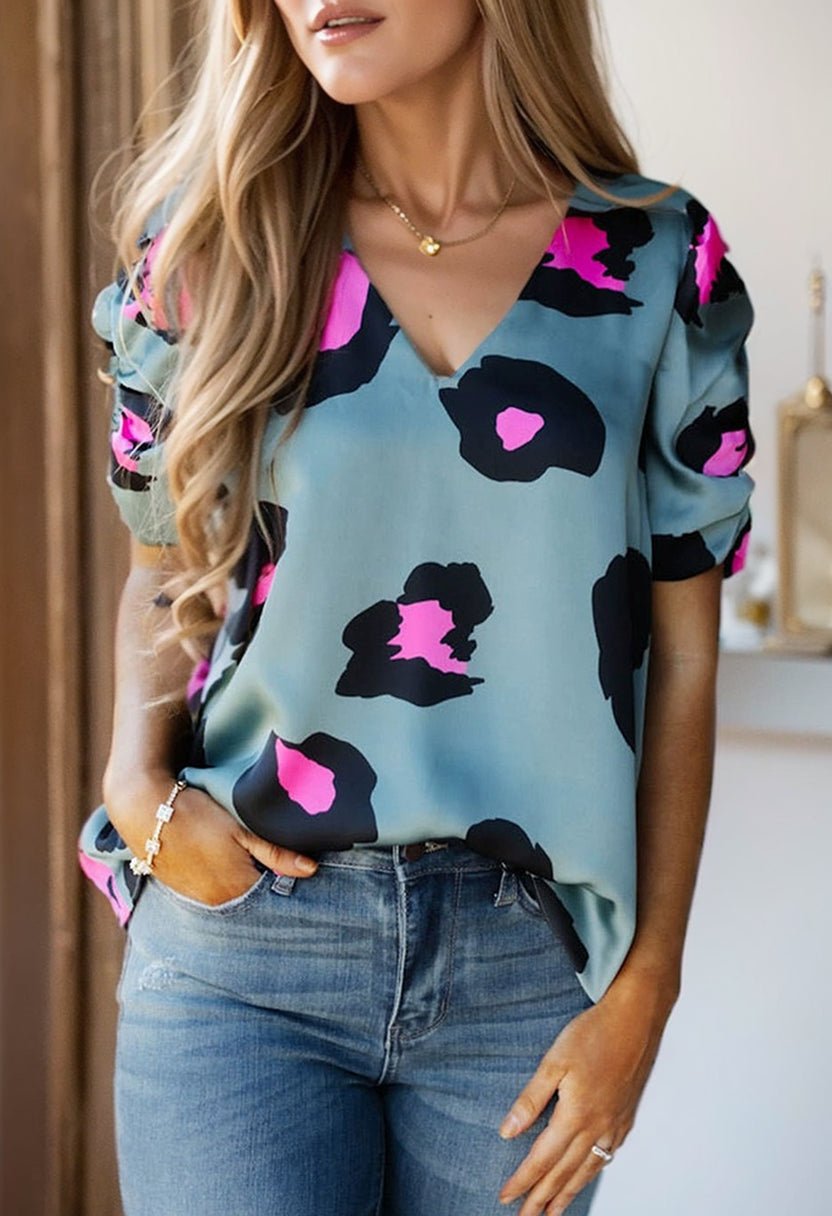 Leopard Print Fashion V Neck Pullover Print Short Sleeve T-shirt - Kaiju Mafia