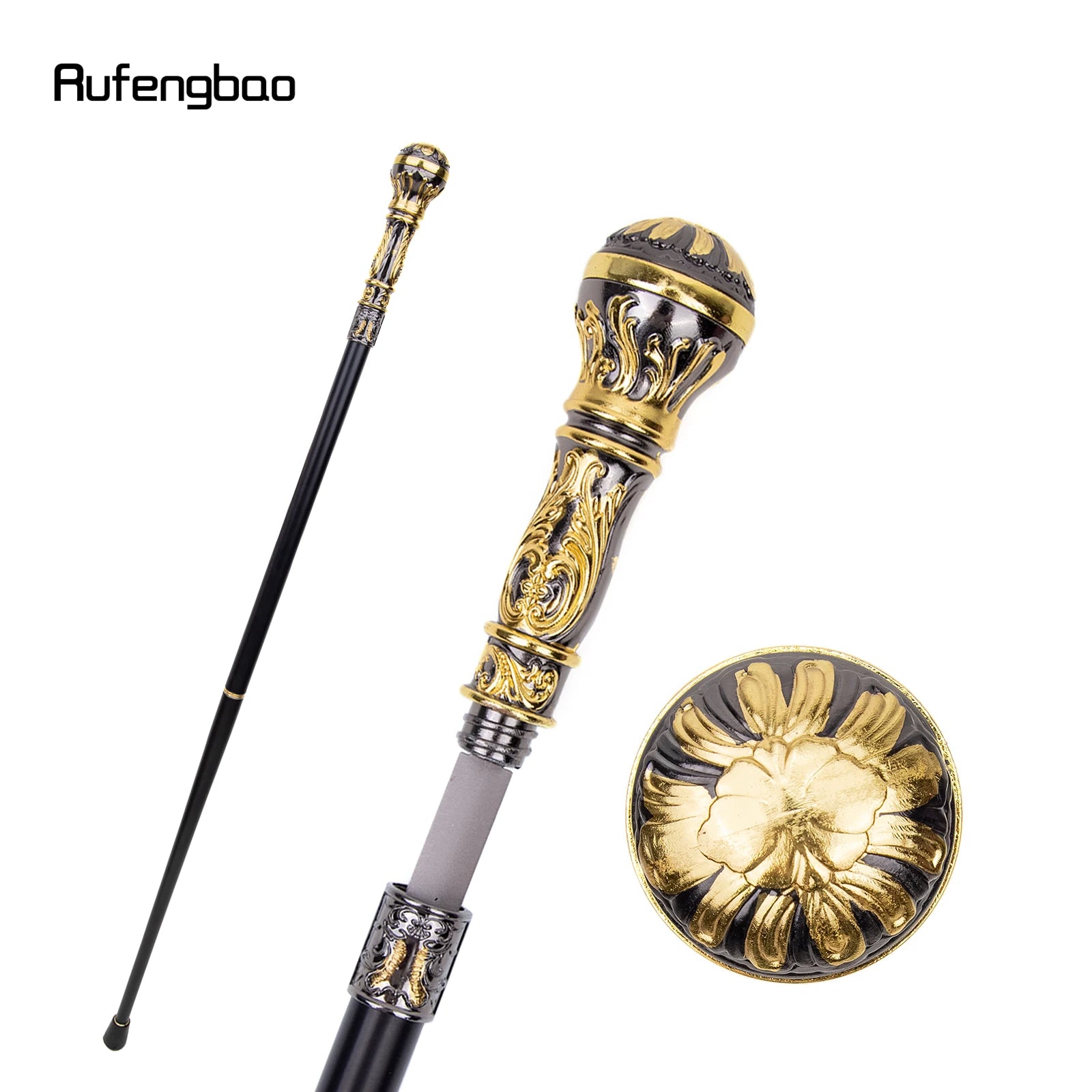 Golden Black Luxury Round Handle Walking Stick with Hidden Plate Self Defense Fashion Cane Plate Cosplay Crosier Stick 93cm - Kaiju Mafia