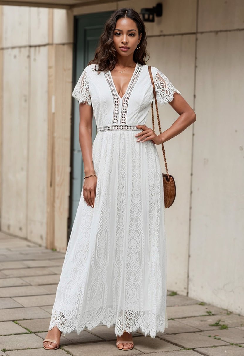 V Neck Fashion White Fairy Lace Dress Short Sleeve - Kaiju Mafia
