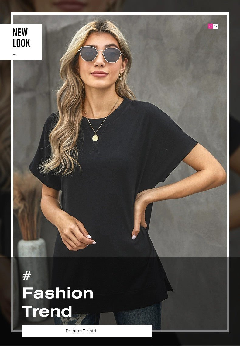 2024 Summer New Arrival Shoulder Solid Color round Neck Short Sleeves T-shirt Female European and American Leisure Minimalist Easiest for Match Three Quarter Sleeve Tops - Kaiju Mafia