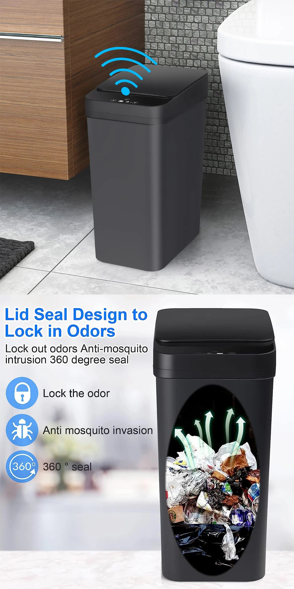 Bathroom Touchless Trash,12L Motion Sensor-Activated Trash Can with Lid,Automatic Kitchen Trash for Office,Living Room,Bedroom