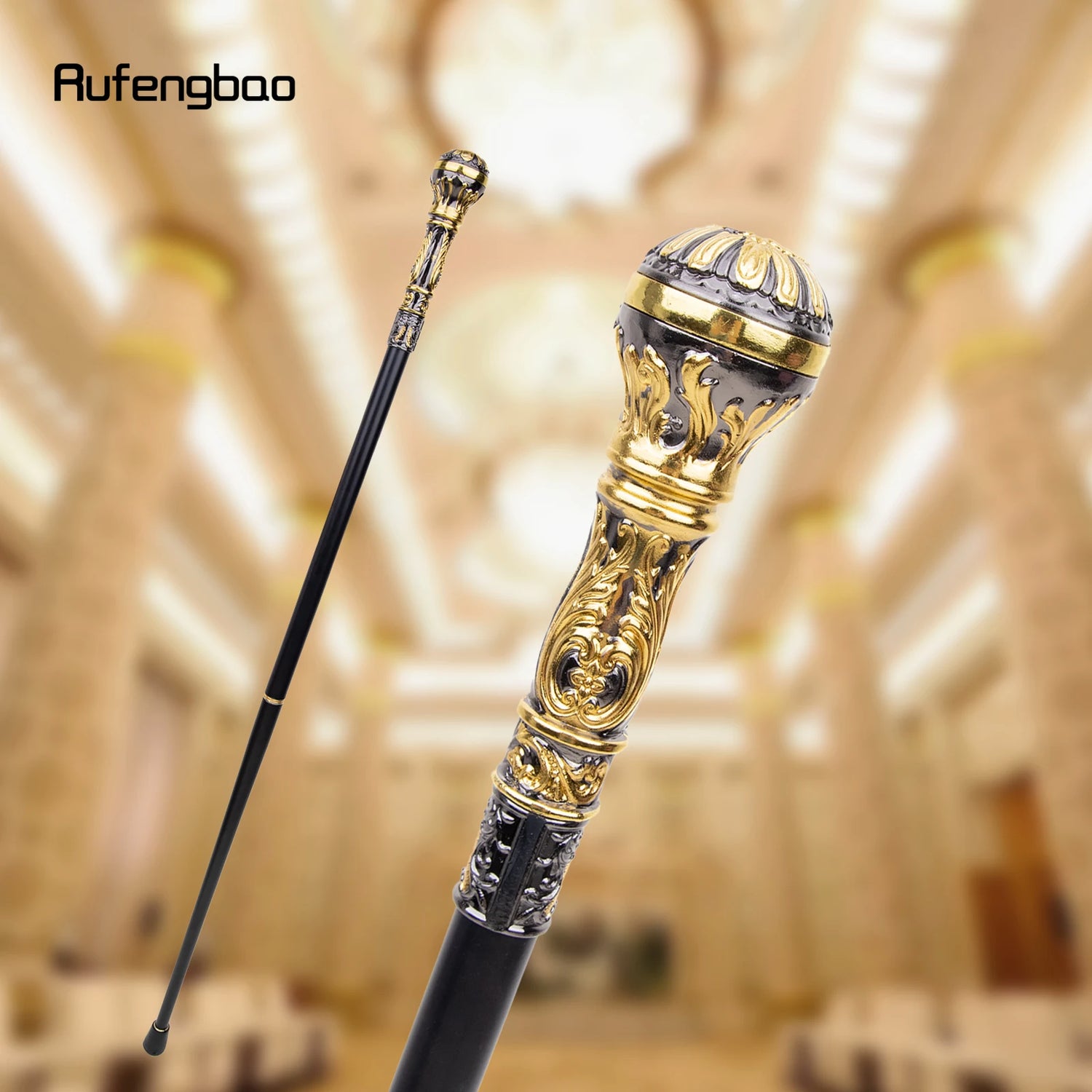 Golden Black Luxury Round Handle Walking Stick with Hidden Plate Self Defense Fashion Cane Plate Cosplay Crosier Stick 93cm - Kaiju Mafia