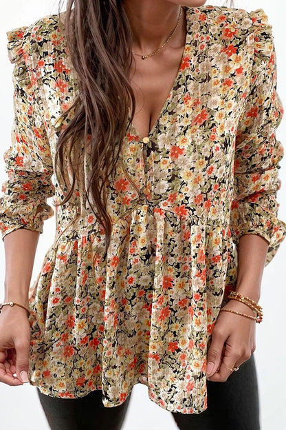 2024 Fall V Neck Floral Print Long Sleeve Pullover Shirt - Slimming Tops Women - Kaiju Mafia