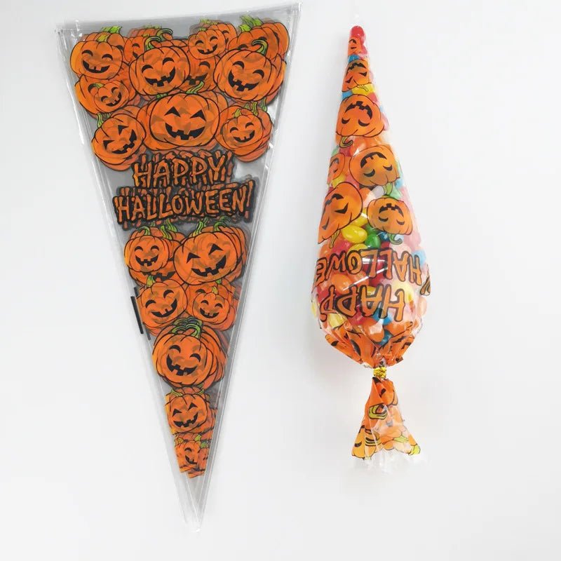 50pcs/Lot DIY Candy Bag Wedding Favors Halloween Christmas Party Decor Sweet Cellophane Print Cone Storage with Organza Pouches - Kaiju Mafia