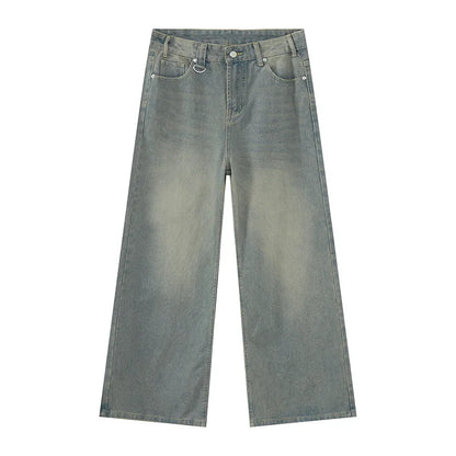 old blue washed denim pants displayed on a white background with a wide-leg design