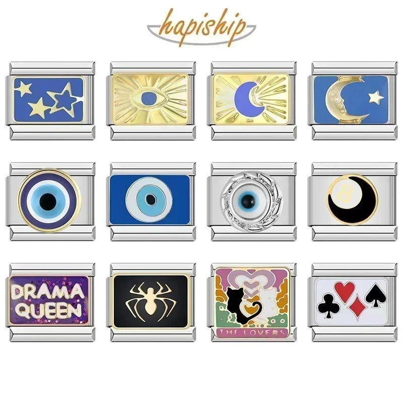 Hapiship 2024 Top Fashion Eye Moon Star Fish Spider Poker Queen Charm Italian Links Fit 9mm Bracelet Making DIY Jewelry DJ854 - Kaiju Mafia